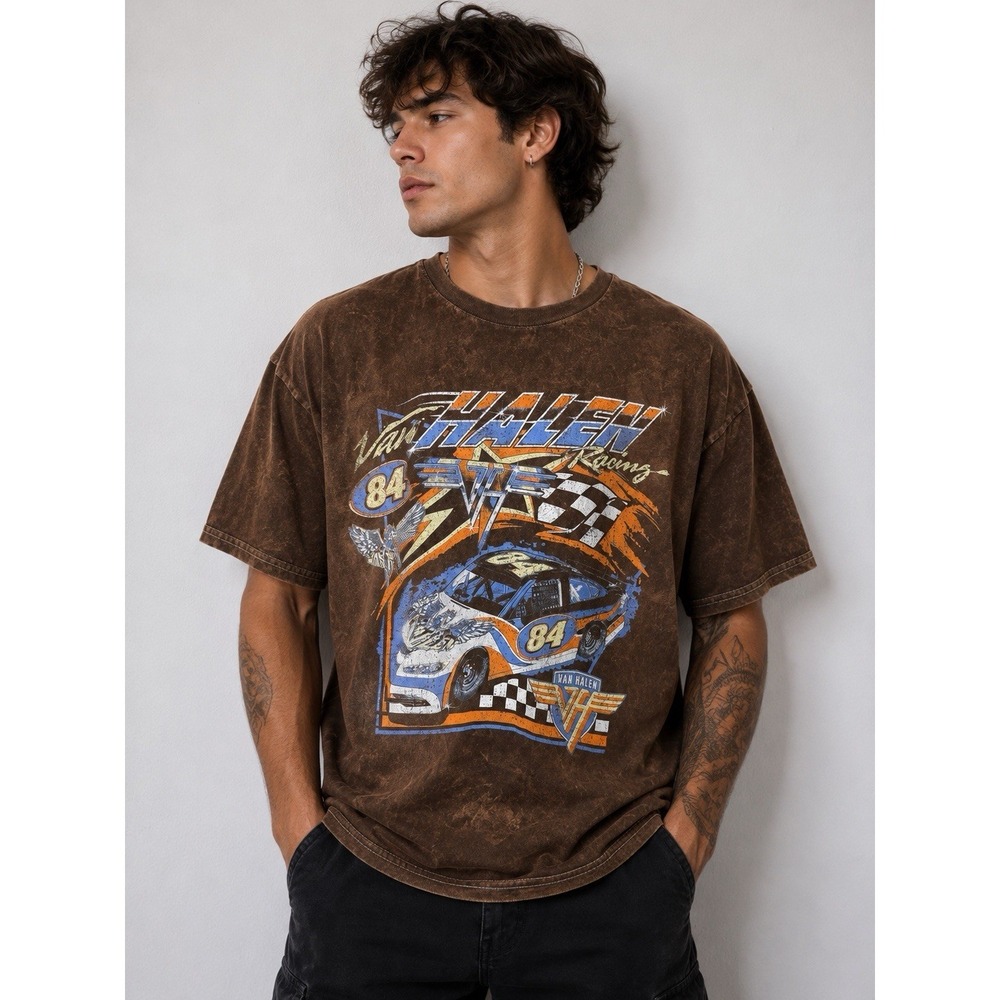 VAN HALEN Racing Large Brown T-shirt Rock N Roll -2352